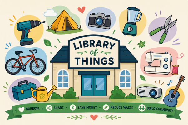 A cartoon image of a library of things - a house is surrounded by images of items such as a bike, tent, camera, blender, guitar, and more.