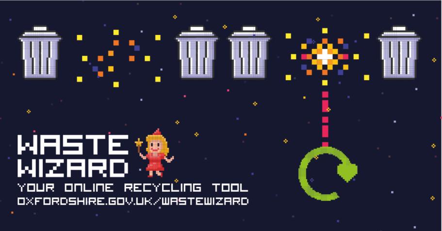 A cartoon pixel image of a wizard and her wand, and a green recycle icon that is destroying trash cans.