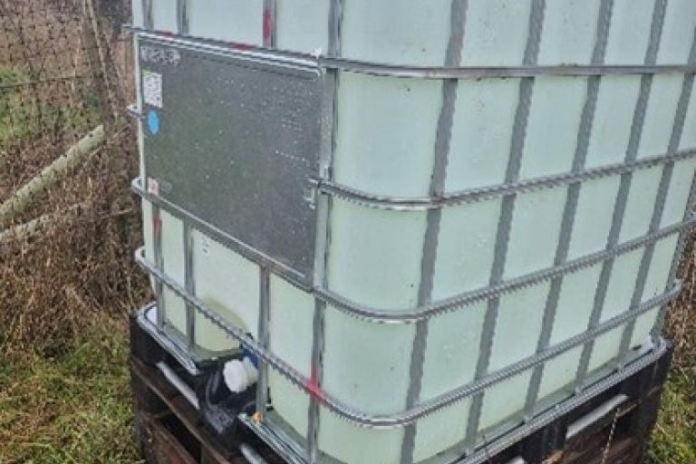 An IBC tank sits on some grass on a cloudy day, full of rainwater.