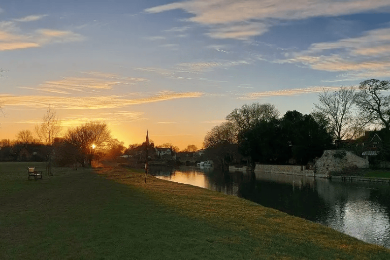 The sun setting over a river in Abingdon, Oxfordshire.