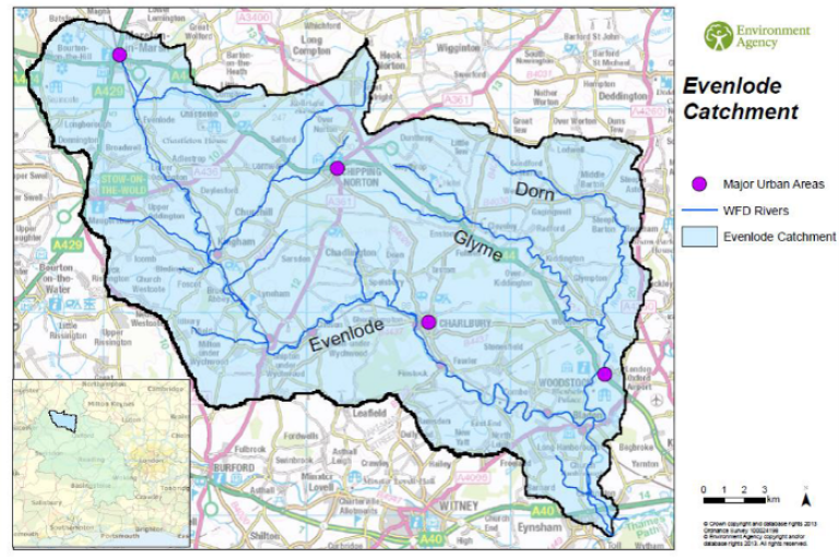 A map of the Evenlode catchment, showing the location of Major Urban Areas and WFD Rivers.