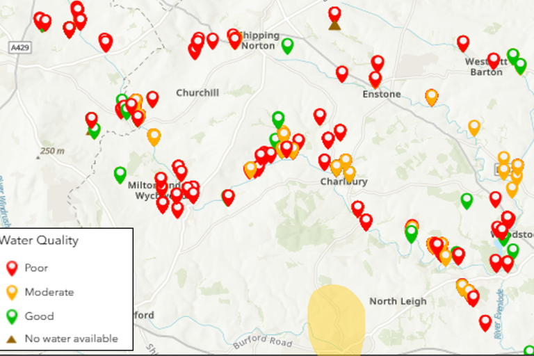 A map of the Evenlode catchment and its water quality, with Hanborough Brook highlighted in yellow.
