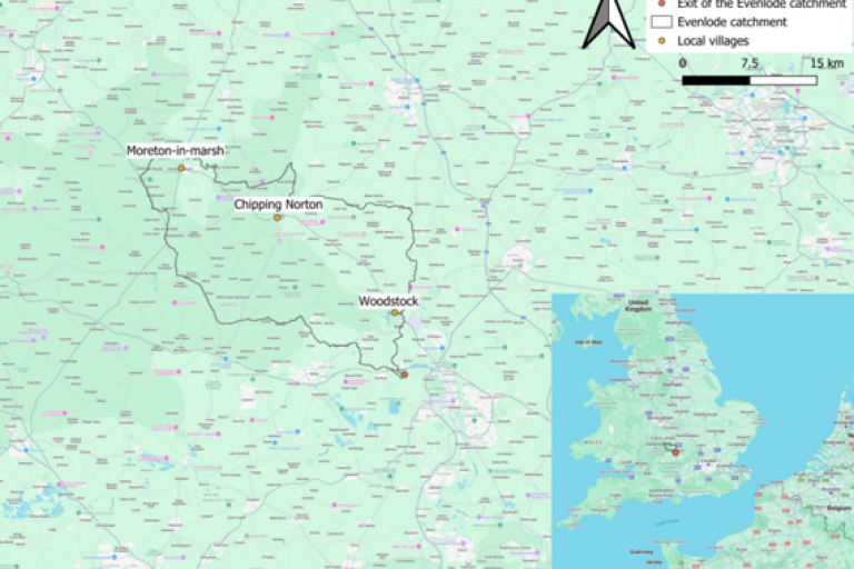 The location of the Evenlode catchment on a map.