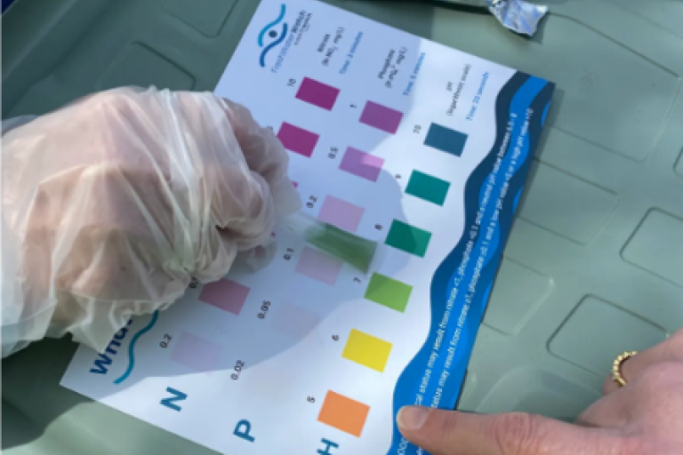 Citizen scientists using a nitrate, phosphate, and pH measurement chart.