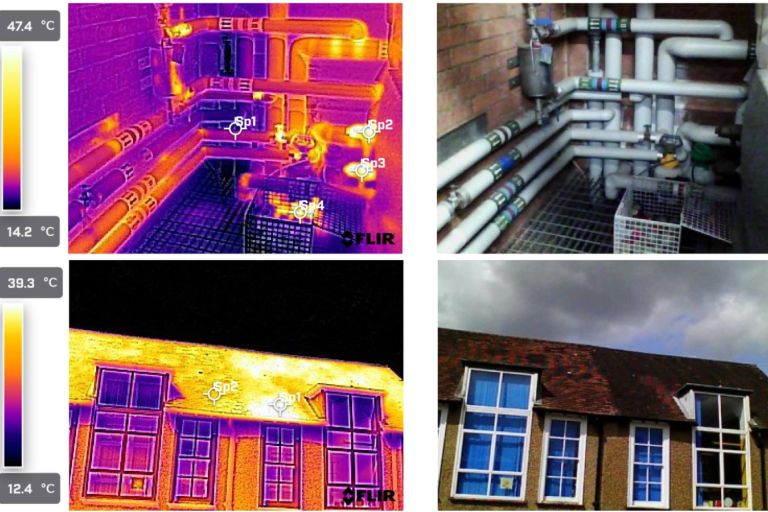 Some images of some piping and of a school roof are shown both through a standard camera and through a thermal imaging camera, showing their hot and cool spots.