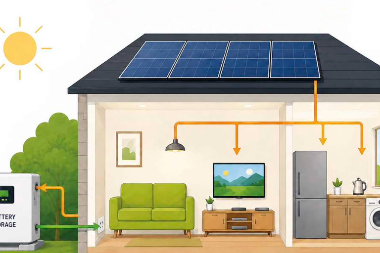 A diagram of solar panels and battery storage on a house.