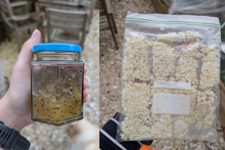 An image on the left shows a jar of homemade jam or chutney, and an image on the right shows a zip-lock plastic bag of chopped garlic.