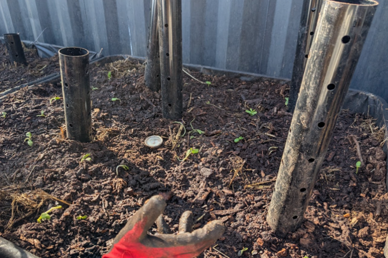 A bed of soil with homemade compost sprinked over it.