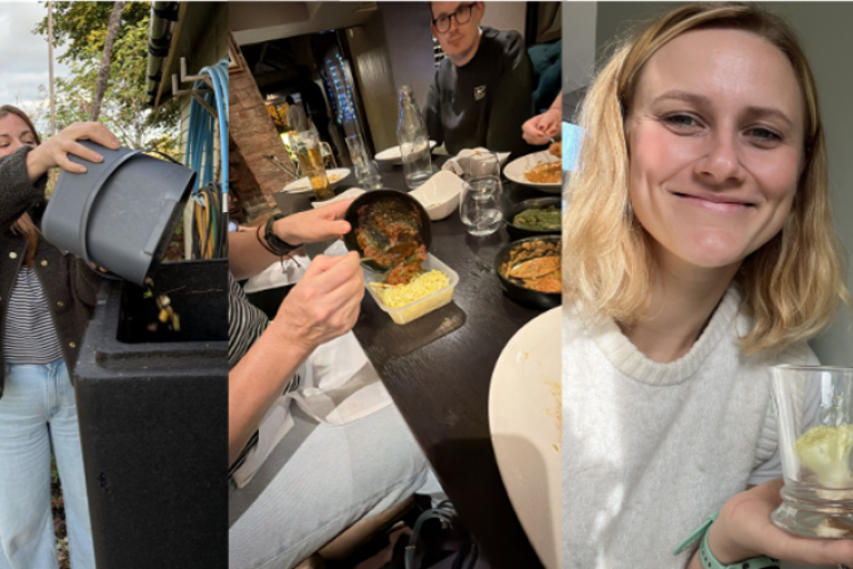 On the left, a woman empties a kitchen food bin into a compost heap. In the centre, a group of people sit eating food and scraping leftovers into storage containers. On the right, a smiling woman holds up a glass containing a lettuce crown that is being regrown.