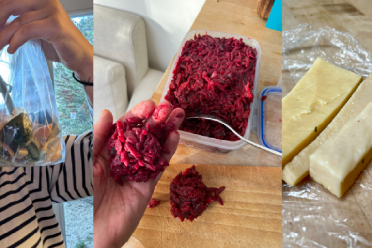 On the left, a woman holds up a plastic bag containing vegetable scraps. In the centre, someone turns leftovers into a new dish. On the right, the rinds of hard cheeses are being saved.